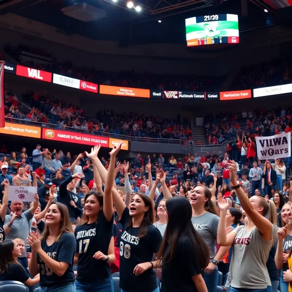 Fans cheer during a women's basketball game