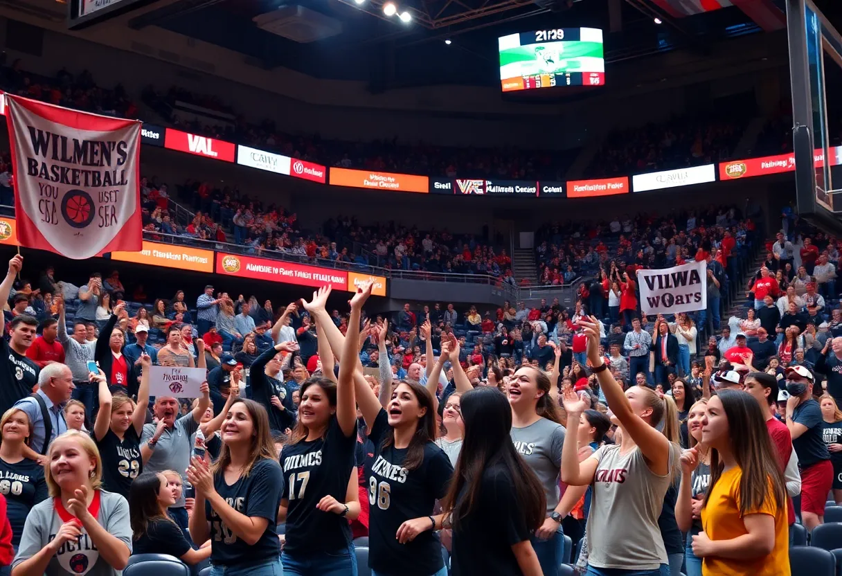 Fans cheer during a women's basketball game