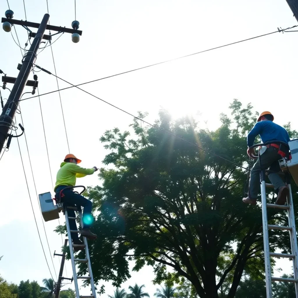 Workers performing tree trimming near power lines in Memphis