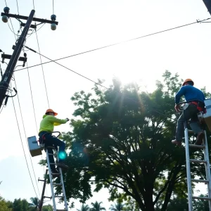 Workers performing tree trimming near power lines in Memphis