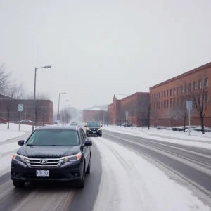 Snowy roads and school buildings in Memphis during winter weather