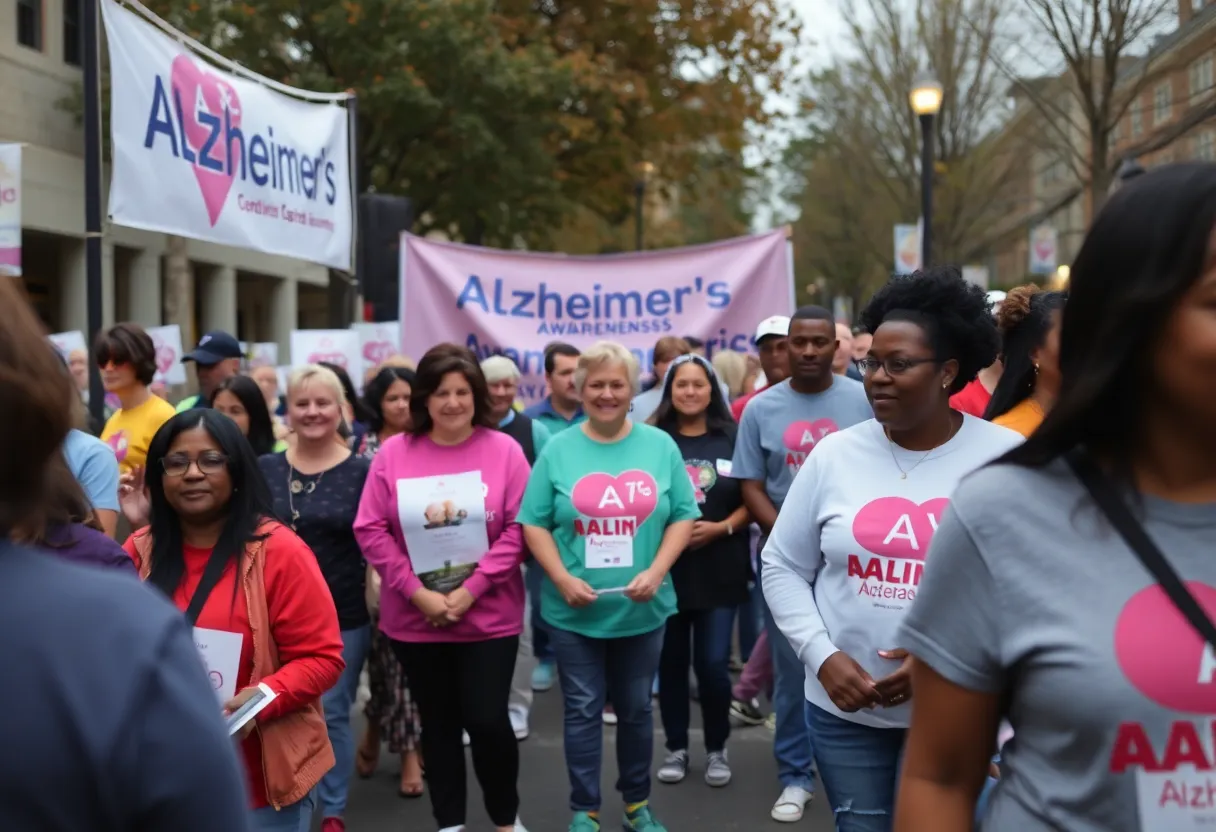 Group of people supporting Alzheimer's awareness in Memphis at a community event.