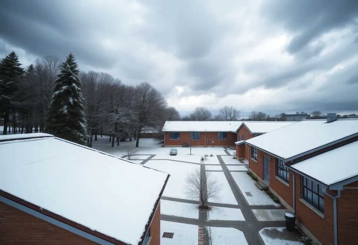 Mid-South school buildings in winter under an ominous sky.
