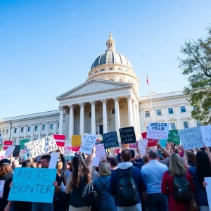 Crowd of protesters holding signs at Nashville state capitol