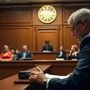 Courtroom scene depicting fraud investigation