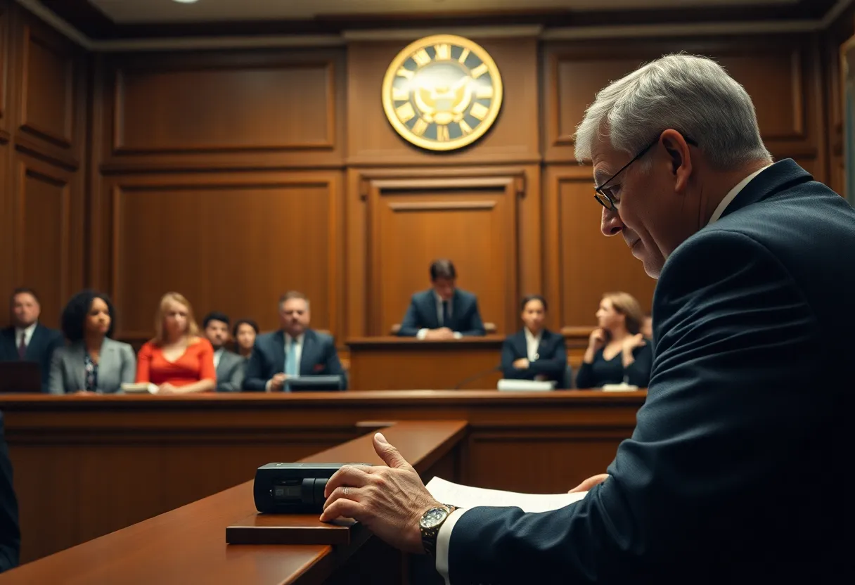 Courtroom scene depicting fraud investigation