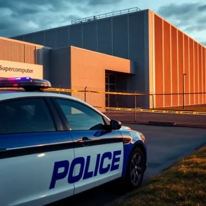Police car and caution tape at a supercomputer facility