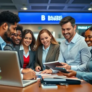 Diverse professionals collaborating in a banking office setting