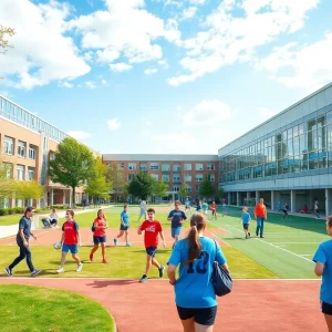 Dynamic scene of students at the University of Memphis engaged in sports activities.