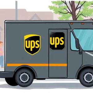 Illustration showing a UPS truck with a blurred city neighborhood background.