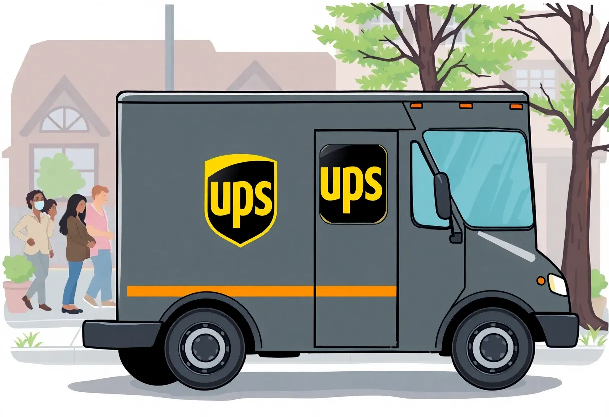 Illustration showing a UPS truck with a blurred city neighborhood background.