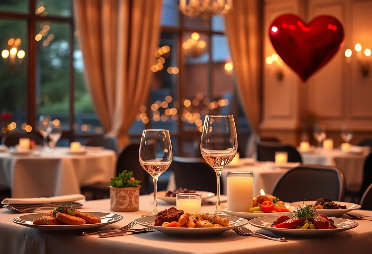 A beautifully arranged table for Valentine's Day dinner with candles and flowers