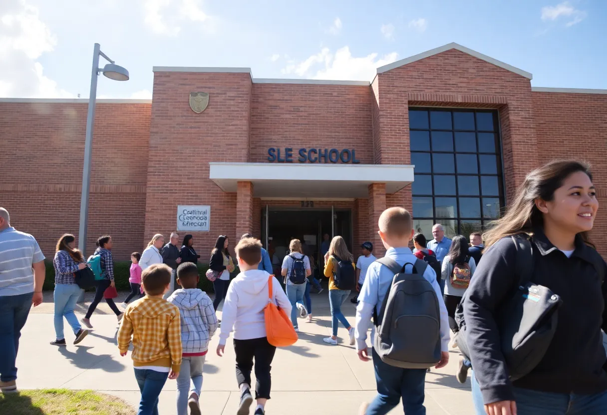 Exterior of White Station Middle School with students and parents