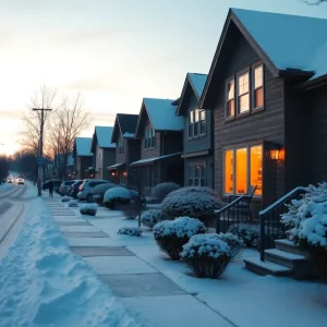 A snowy winter scene in Memphis with homes demonstrating energy conservation