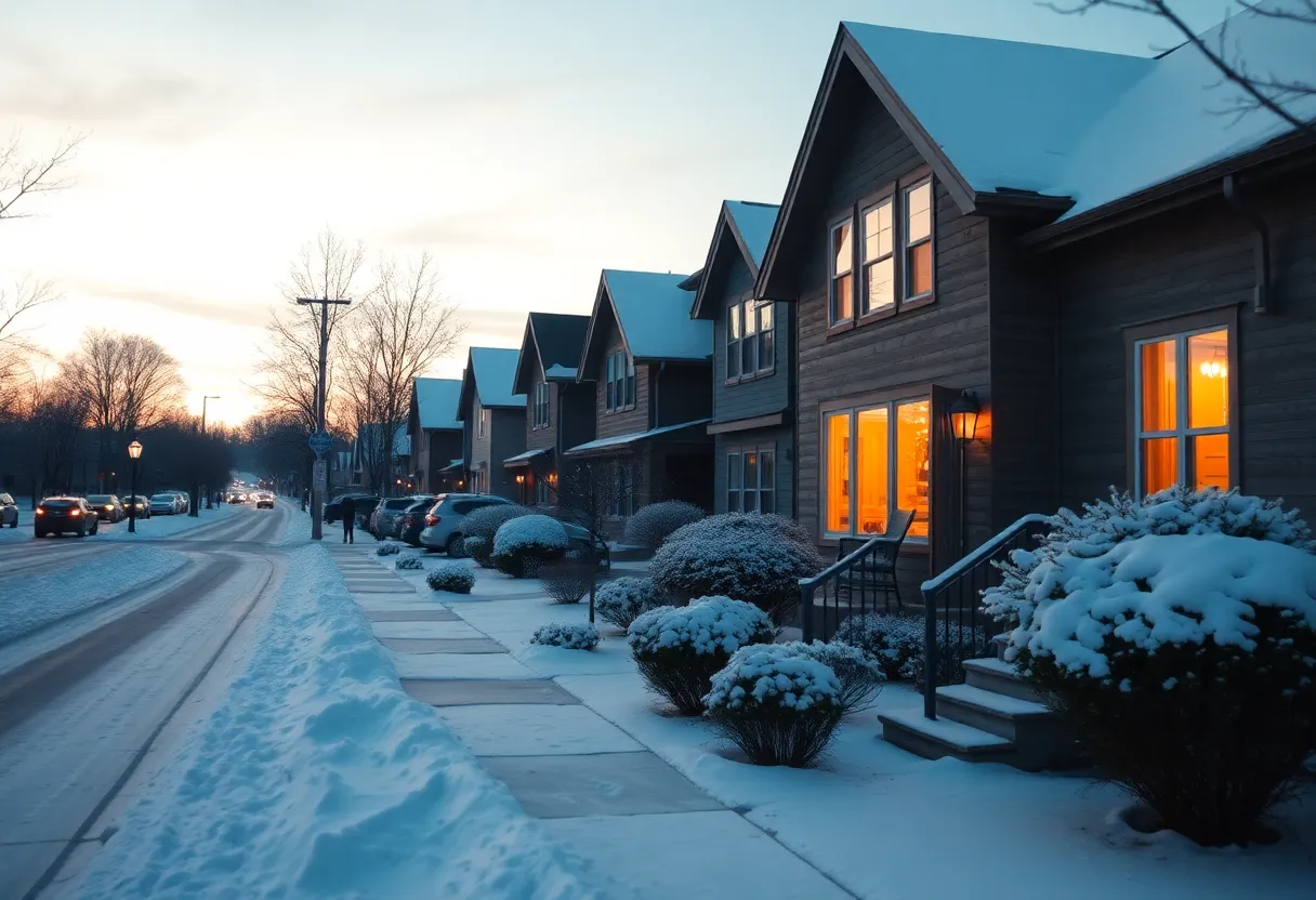 A snowy winter scene in Memphis with homes demonstrating energy conservation