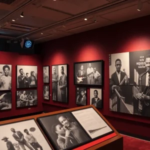 Museum exhibit featuring historic photographs
