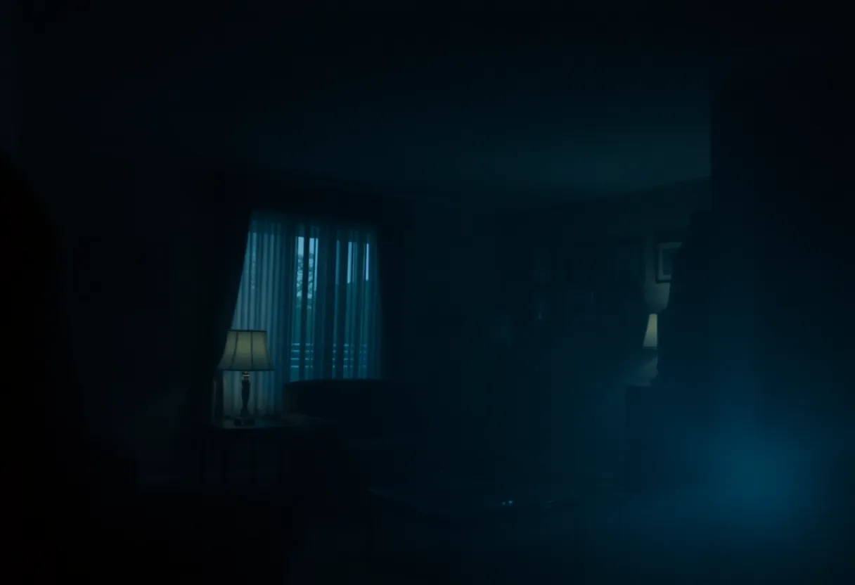 Dimly lit living room depicting the aftermath of an incident.