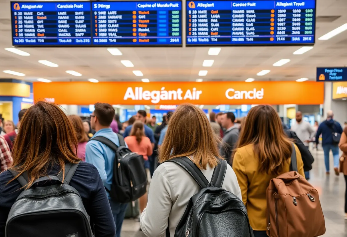 Travelers at Allegiant Air terminal looking at flight information