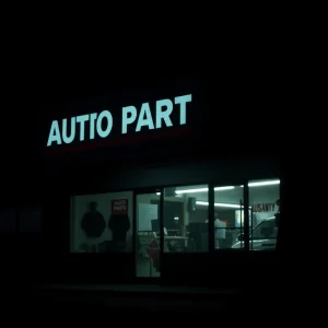 A dimly lit auto parts store hinting at recent burglaries.