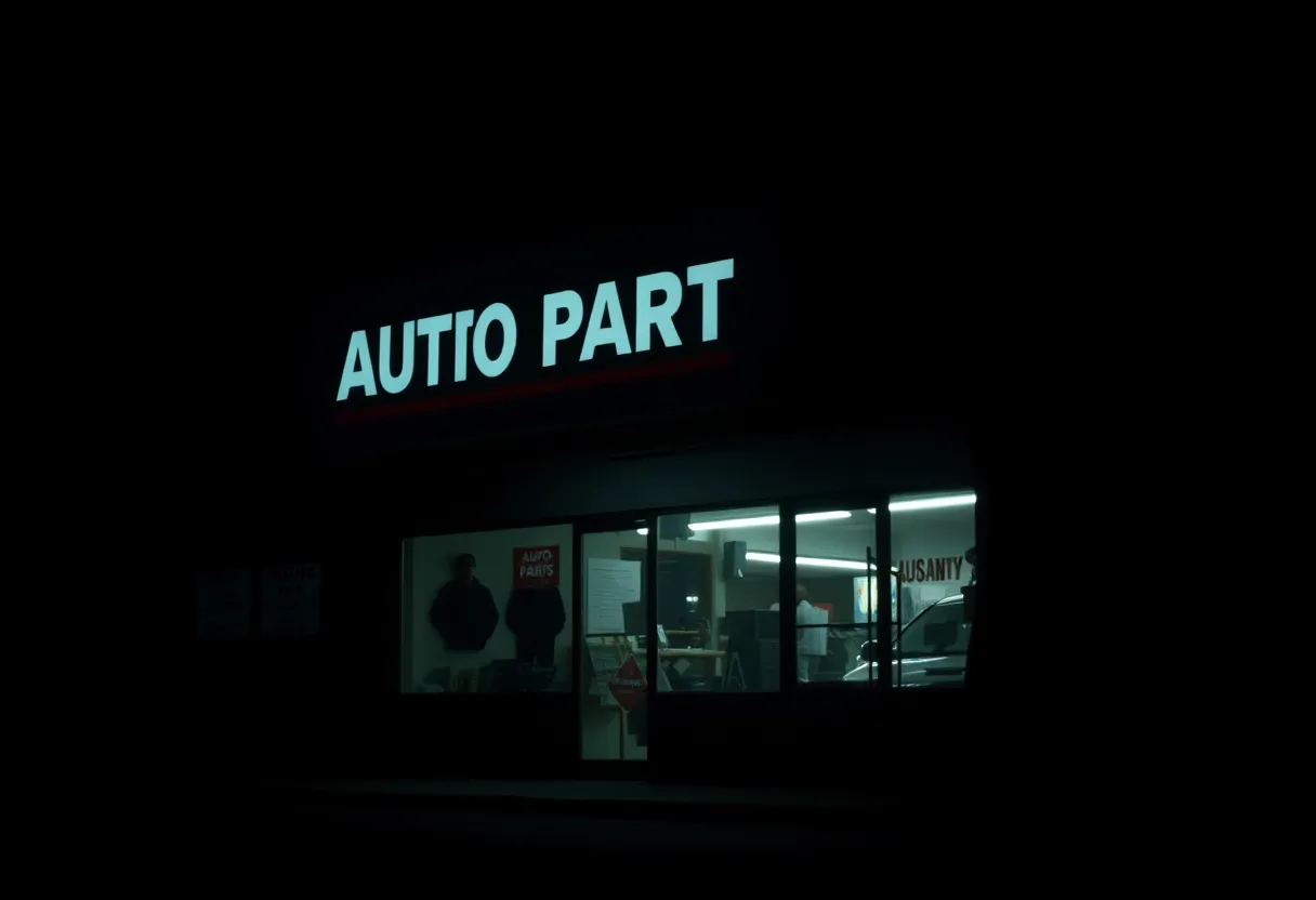 A dimly lit auto parts store hinting at recent burglaries.