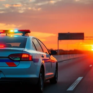 A police car responding to an emergency situation on the highway.