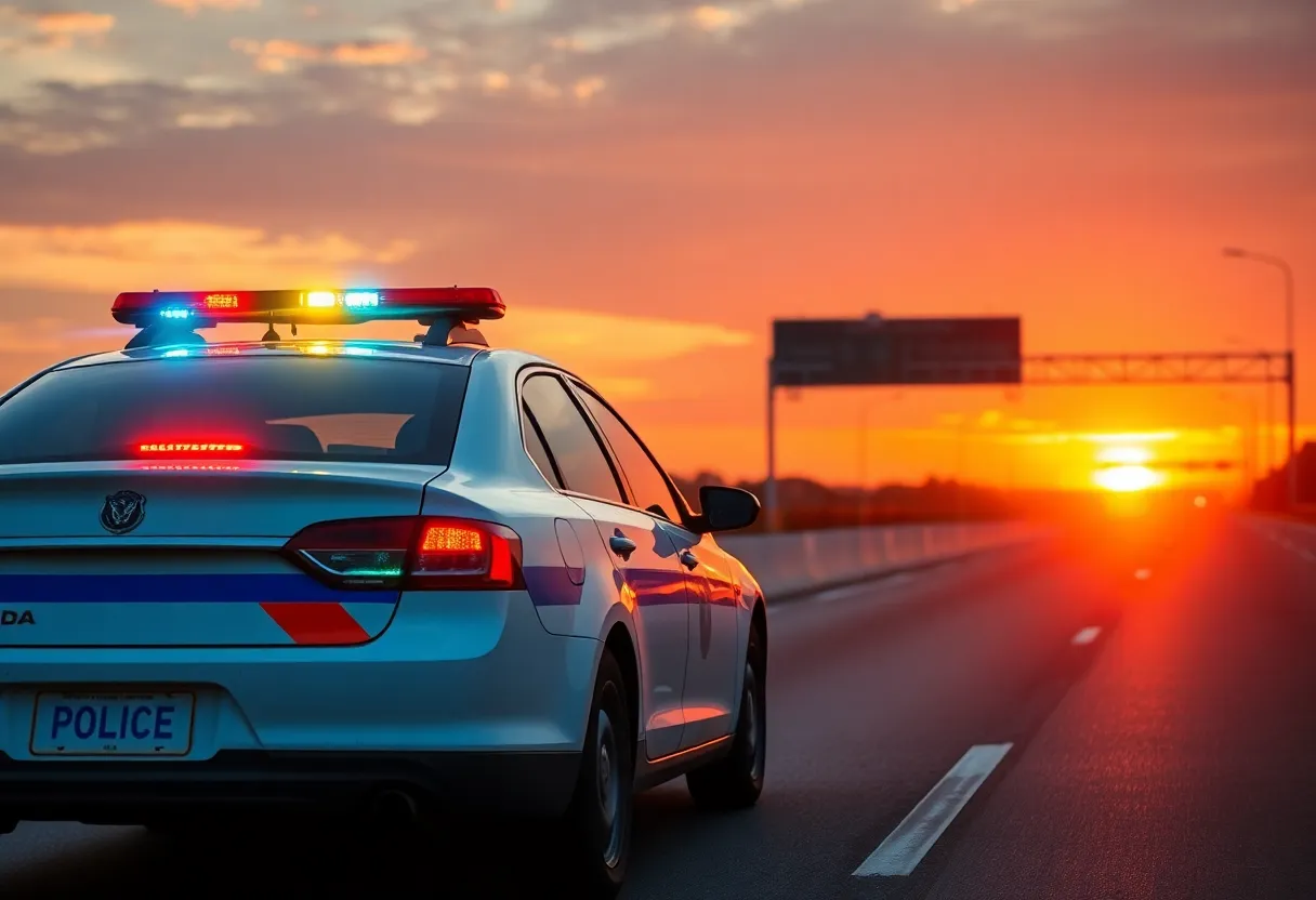 A police car responding to an emergency situation on the highway.