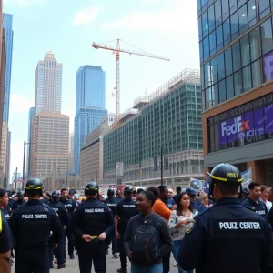 Community gathering in downtown Memphis with increased police presence