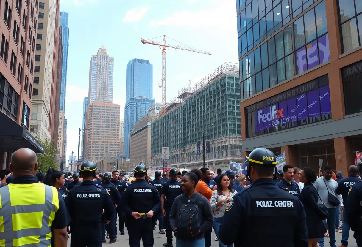 Community gathering in downtown Memphis with increased police presence