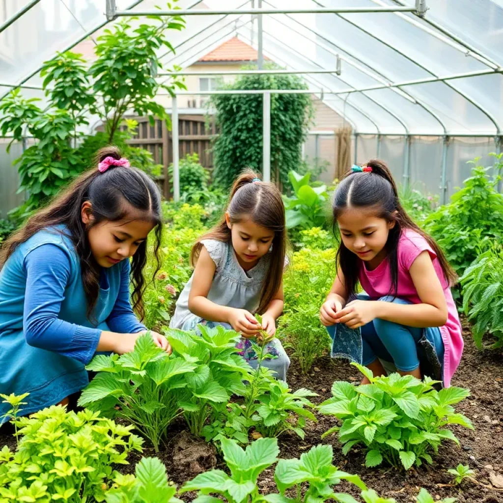 Young girls gardening inside the Girls Inc. Youth Farm greenhouse in Frayser