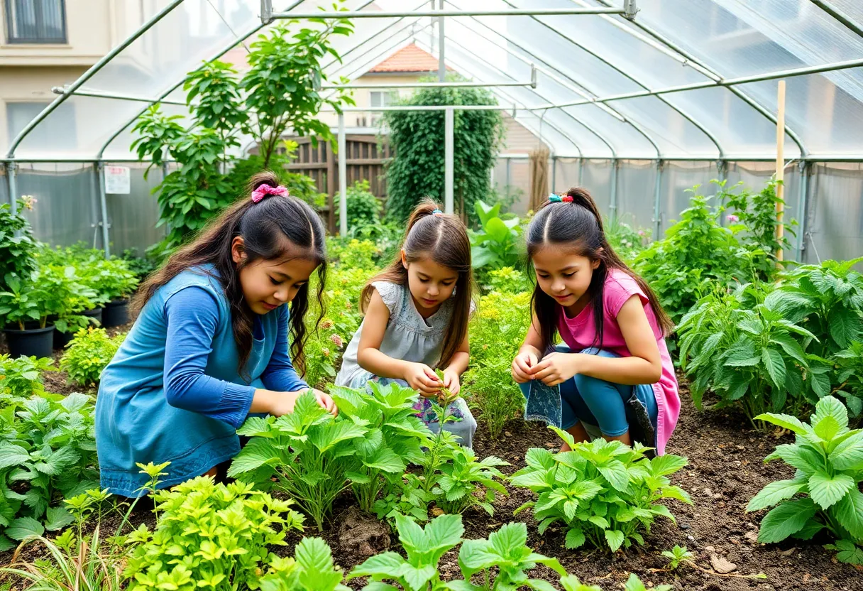 Young girls gardening inside the Girls Inc. Youth Farm greenhouse in Frayser