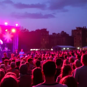 Crowd enjoying a live concert at night with colorful lights.