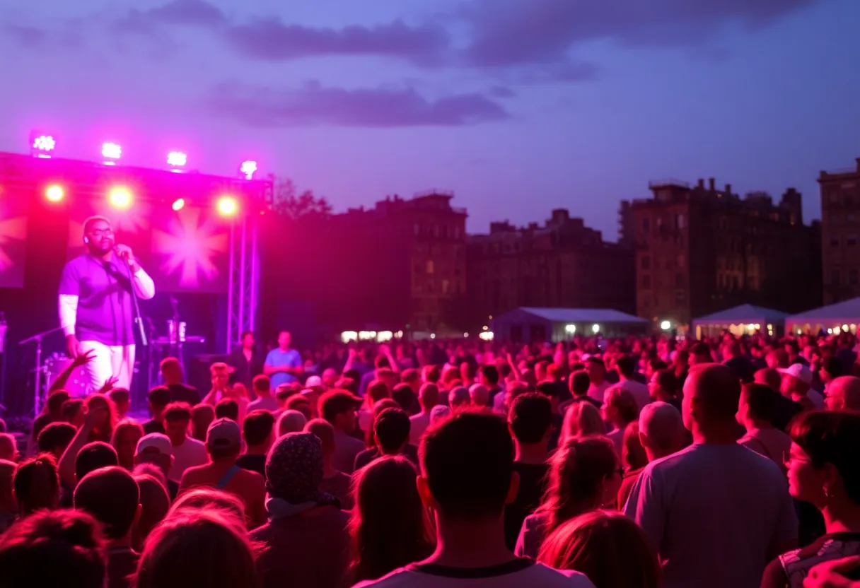 Crowd enjoying a live concert at night with colorful lights.