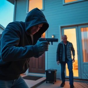 Burglary scene depicting a broken window and an open door.