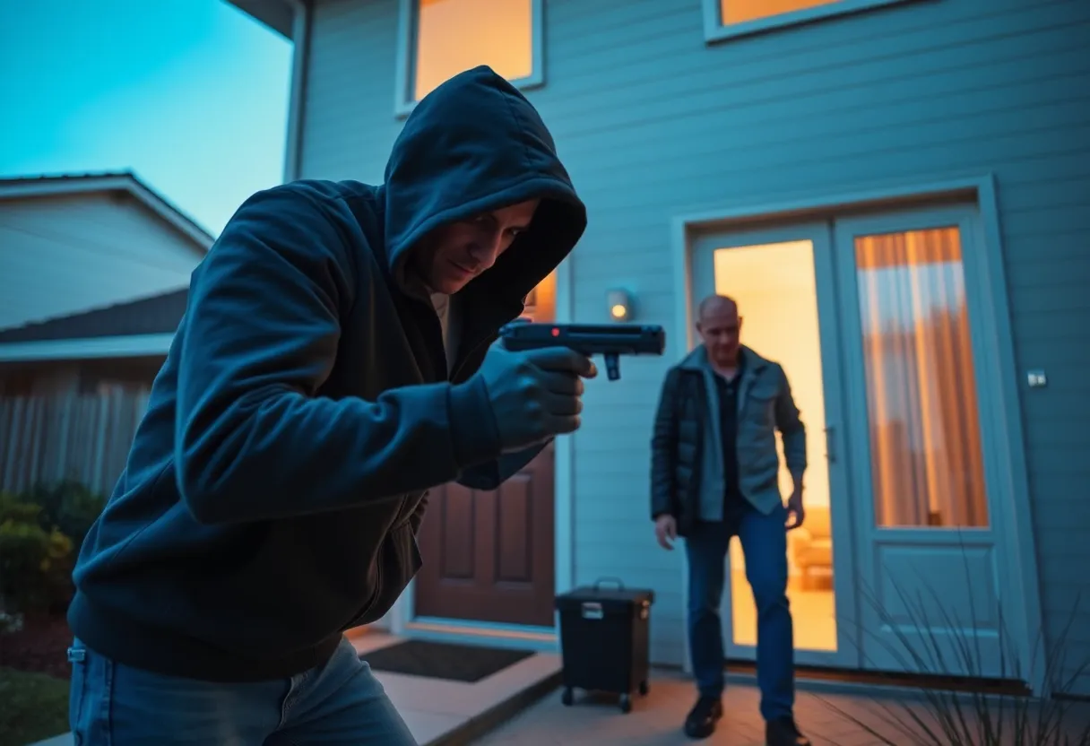 Burglary scene depicting a broken window and an open door.