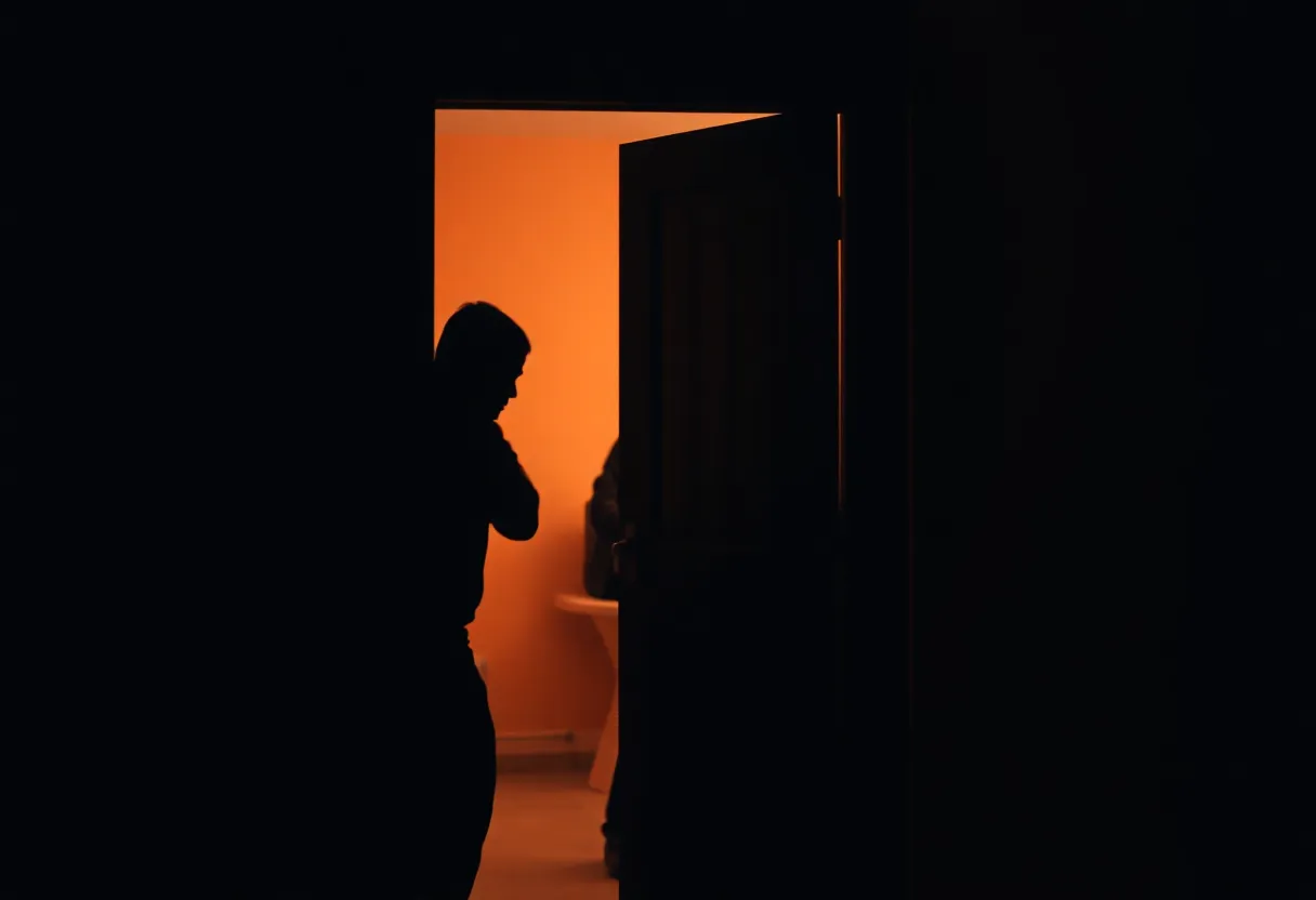 Illustration of a home invasion with shadowy figures entering through a door at night.