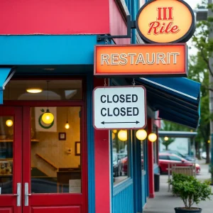 Exterior view of a closed Houston's Restaurant with a sign indicating closure.