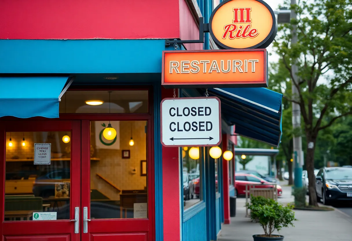Exterior view of a closed Houston's Restaurant with a sign indicating closure.
