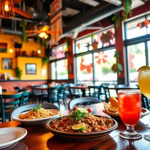 A colorful spread of Latin American dishes showcasing Bandeja Paisa and margaritas