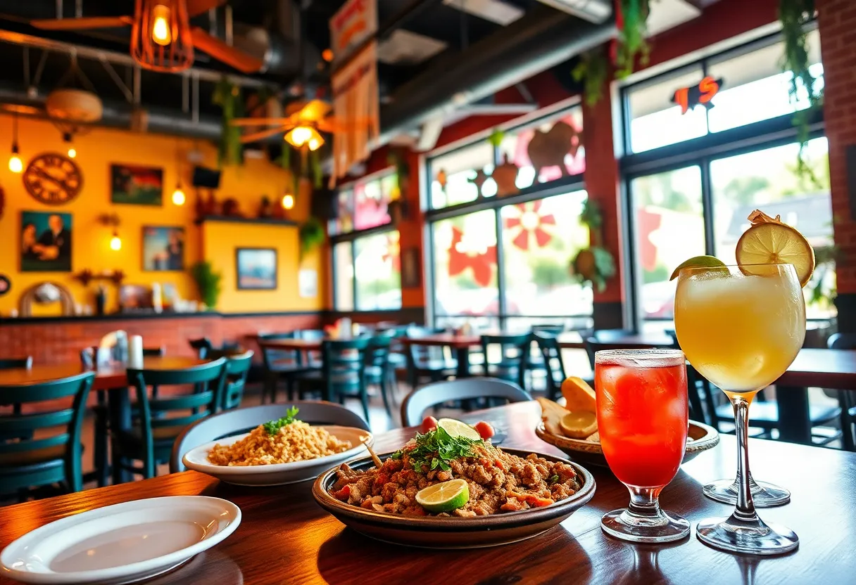 A colorful spread of Latin American dishes showcasing Bandeja Paisa and margaritas