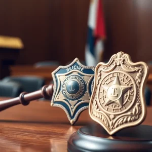 Symbolic representation of law enforcement integrity with a gavel and badge.