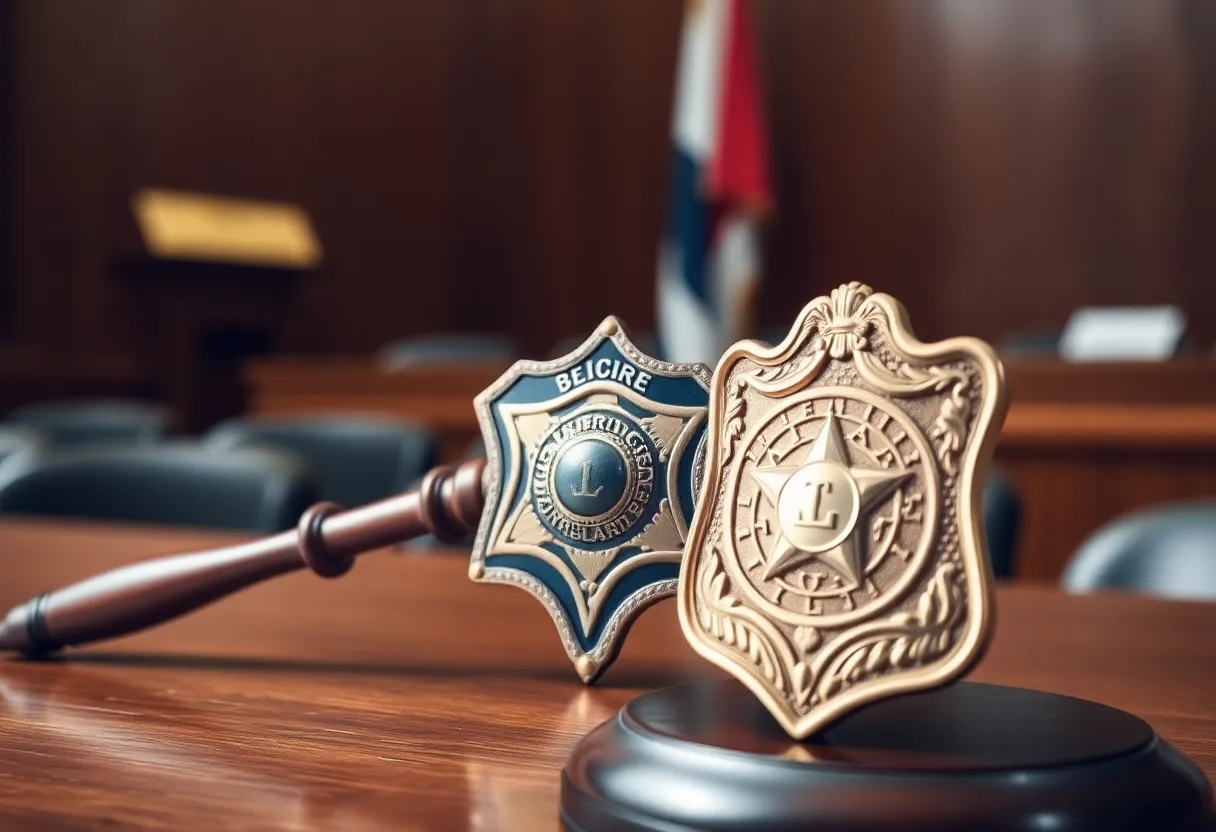 Symbolic representation of law enforcement integrity with a gavel and badge.