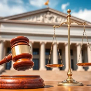 Gavel and scales of justice in front of a government building