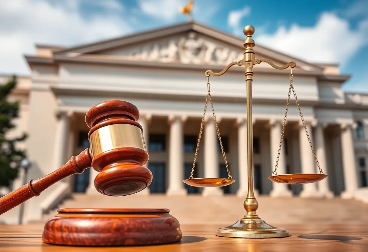 Gavel and scales of justice in front of a government building
