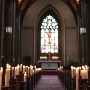 Interior of a church with candles during Lent