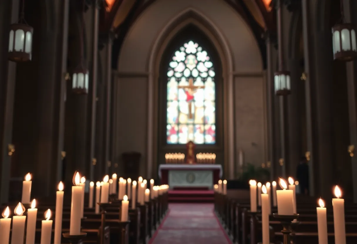 Interior of a church with candles during Lent