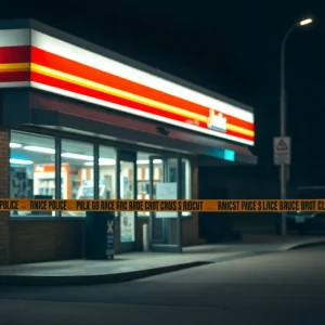 Police investigation scene outside a food mart