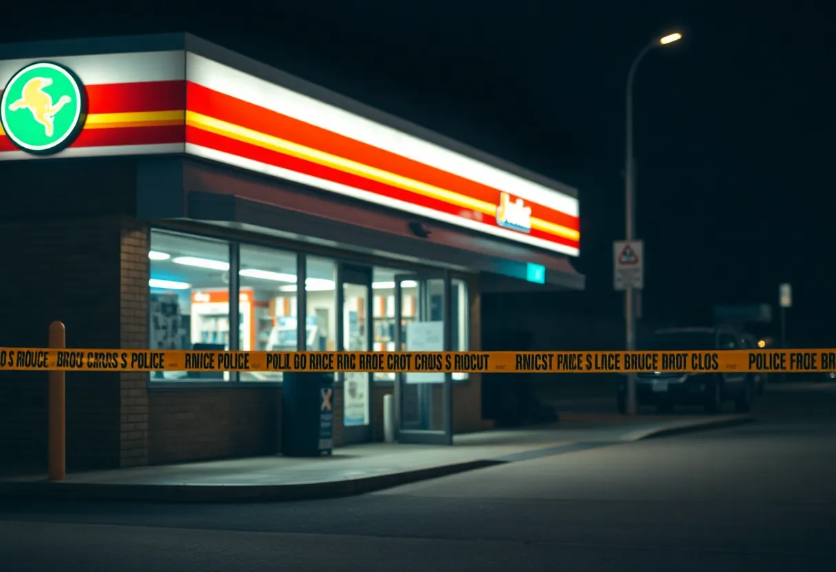 Police investigation scene outside a food mart