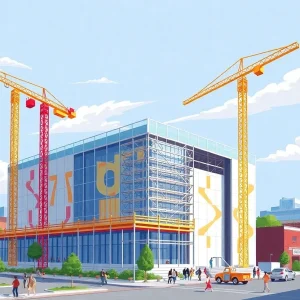 Construction site of the Memphis Art Museum with cranes and community interaction.