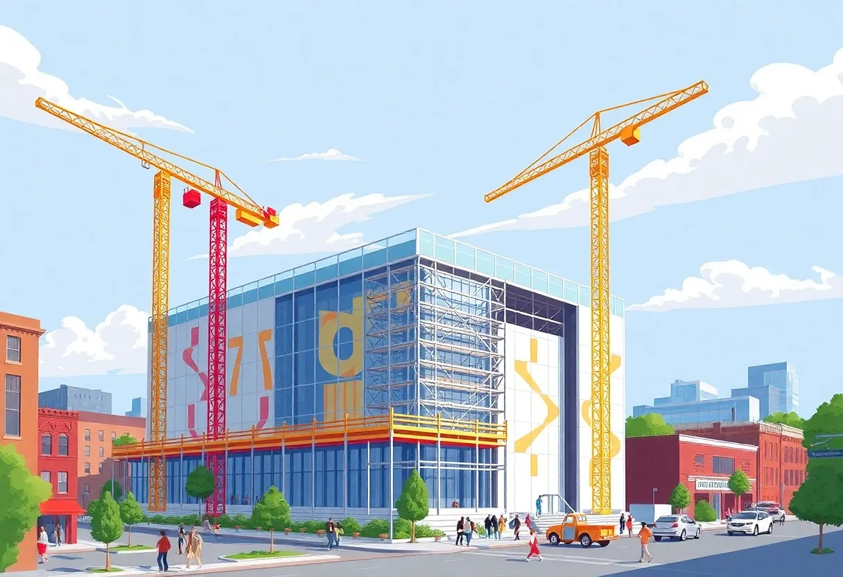 Construction site of the Memphis Art Museum with cranes and community interaction.