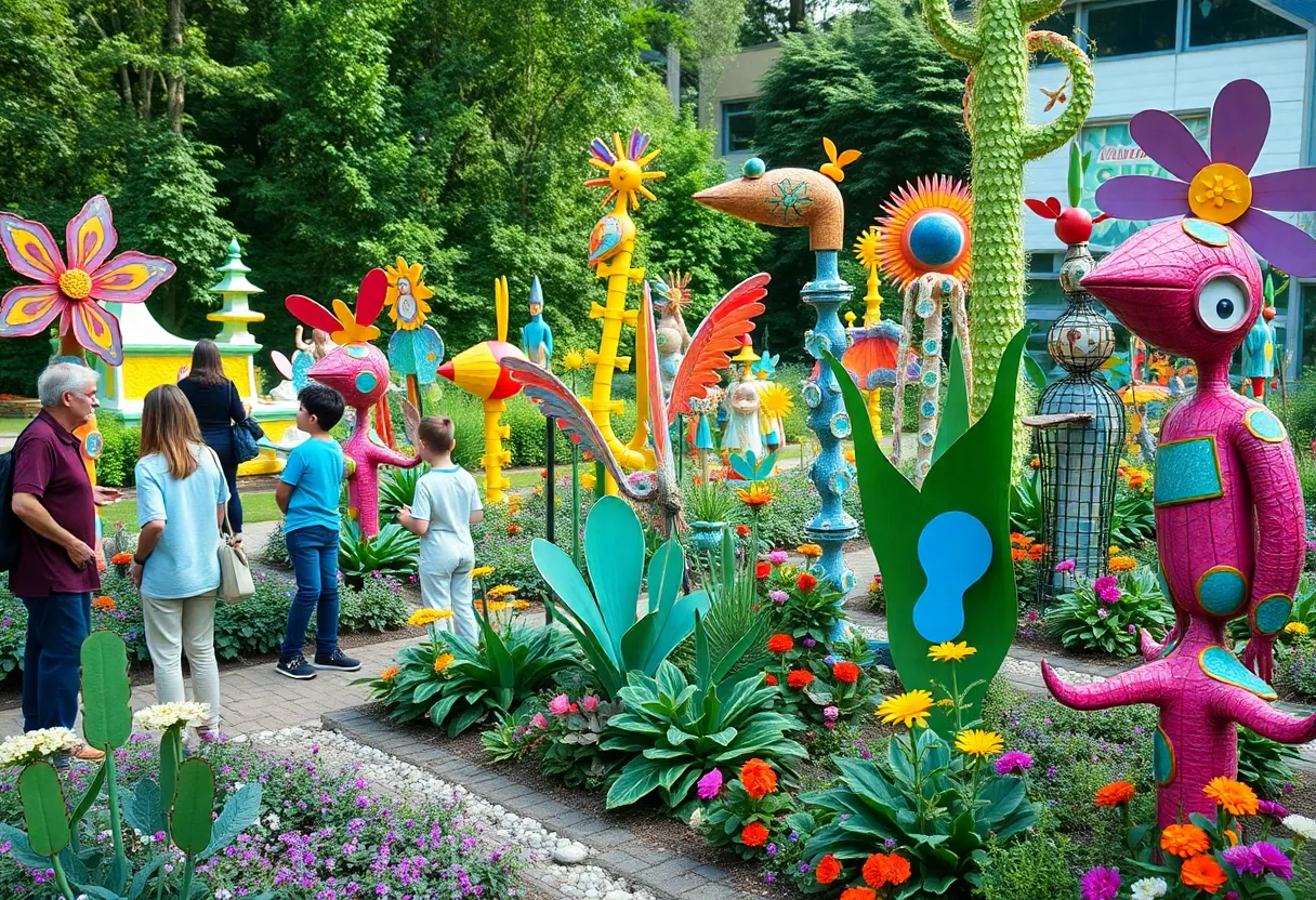 Colorful recycled sculptures in a lush botanic garden setting